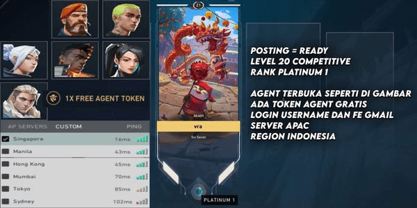 Gambar Product Account Starter Level 20 Valorant, Smurf, Ready for Competitive Valo