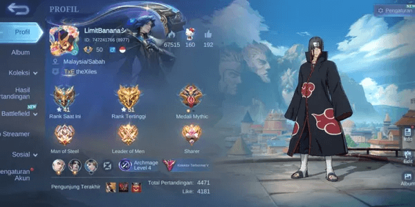 ML GOOD ACCOUNT | LimitBanana | (LV 50) | ITACHI UCHIHA | EREN YIN | KOF KARINA+CHOU | VESSEL OF GLUTTONY | SKIN 270 | EMBLEM 6 MAX