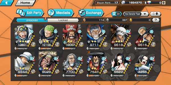 Account 3 Extreme | Roger EX | Garp EX | Oden EX | Koby Max | Log Bandai | Rank 17 | Solo Fresh [Android/iOS] - One Piece Bounty Rush