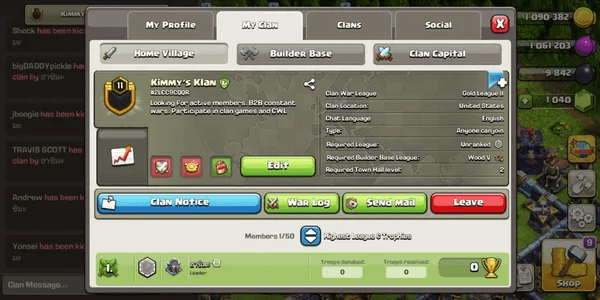#6 Clan level 11 Win = 101, Lose = 48, Draw = 3, Nick : Kimmy's Klan, War league : Gold 2
