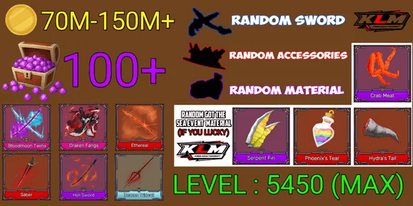 Akun King Legacy Max - Bloodmoon Twins - Saber - Draken Fangs - Ethereal - hell sword - Random Sword/accessories/material