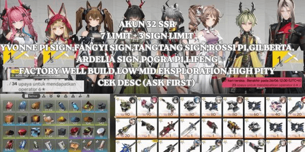 Gambar Product [ASIA] ACCOUNT 32 SSR 7 LIMIT + 3 SIGN LIMIT YVONNE P1 SIGN, FANGYI SIGN, TANGTANG SIGN, ROSSI P1, GILBERTA, ARDELIA SIGN, POGRA P1, LIFENG, HIGH PITY, CHECK DESC