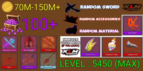 Akun King Legacy Max - Bloodmoon Twins - Saber - Acrodagger - Ethereal - hell sword  - Random Sword/accessories/material
