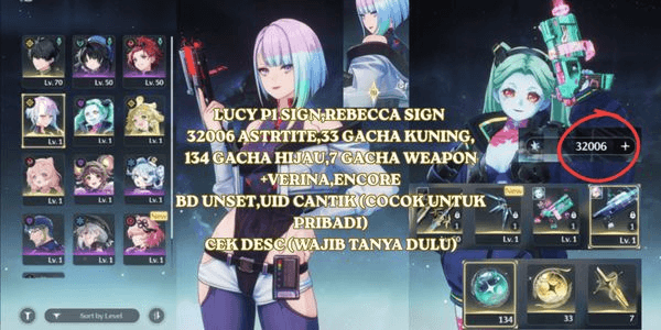 Gambar Product [SEA] LUCY P1 SIGN, REBECCA SIGN 32006 ASTRTITE, 33 YELLOW GACHA, 134 GREEN GACHA, 7 WEAPON GACHA + VERINA, ENCORE, BD UNSET, BEAUTIFUL UID