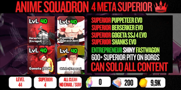 4 Superior Meta Account (Puppetear, Berserker, Gometa, Shanks) + 600 Pity On Boros - Anime Squadron