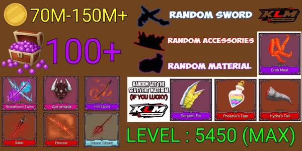 King Legacy Max Account - Bloodmoon Twins - Saber - Acromask - Ethereal - hell sword - Random Sword/accessories/material