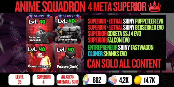 Account 4 Superior Meta (Shiny Puppetear, Shiny Berserker, Gometa, Falcon) - Anime Squadron
