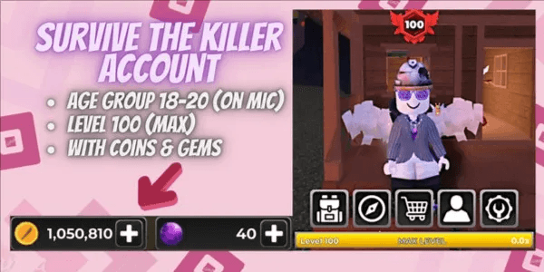 Account Survive The Killer | Level 100 | 1m 50k Coins