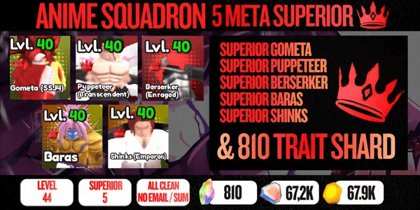 Account 5 Superior Meta (Gometa, Puppeteer, Berseker, Baras, Shinks) - Anime Squadron