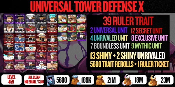 Account 39 Ruler + 13 Shiny (MAXED - Joyful Captain, Merciless God, 4 Unrivaled, 7 Boundless, 12 Secret, 8 Exclusive, 9 Mythic ) - UTDX