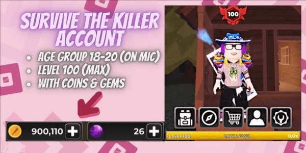 Account Survive The Killer | Level 100 | 900k Coins