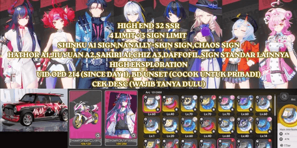 [SEA] HIGH END 32 SSR 4 LIMIT+3 SIGN SHINKU A1 SIGN, NANALLY+SKIN SIGN, CHAOS SIGN HATHOR A1, JIUYUAN A2, SAKIRI A1, CHIZ A3, DAFFOFIL, UID OLD, BD UNSET