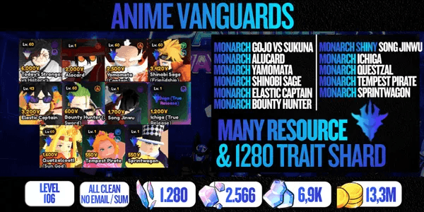 Account 11 Monarch + 3 Divinity (ALL META - Gojo Vs Sukuna, Yamamoto, Alucard, Shinobi Sage, Elastic Captain, Bounty Hunter, Shiny Jinwuu, + 4 More)