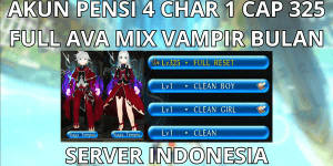 RETIRED ACCOUNT 4 CHARACTERS 1 CAP MAX LVL 325 INDONESIA SERVER, FULL AVA MIX VAMPIR BULAN, FULL RESET READY TO USE, VIA MQ, ANTI HACKBACK, SUPER CHEAP