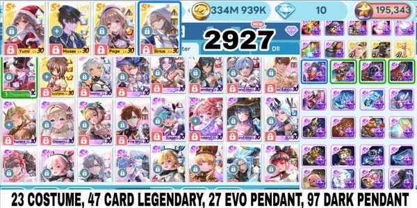 2927 - GET RICH ACCOUNT SULTAN GG OP. PENDANT CARD BUSY. 23 COSTUMES, 47 LEGENDARY CARDS, 27 EVO PENDANTS, 97 DARK PENDANTS. EVO ACOLYTE.