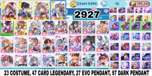 2927 - GET RICH ACCOUNT SULTAN GG OP. PENDANT CARD BUSY. 23 COSTUMES, 47 LEGENDARY CARDS, 27 EVO PENDANTS, 97 DARK PENDANTS. EVO ACOLYTE.