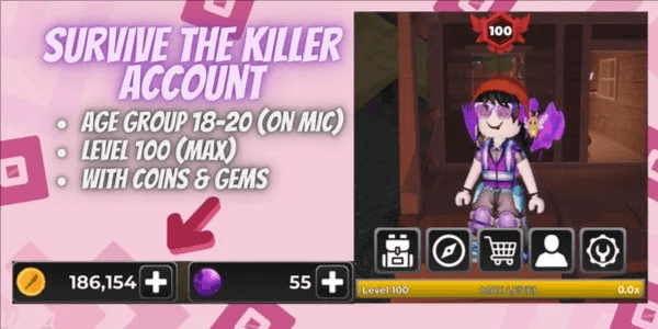 Account Survive The Killer | Level 100 | 186k Coins