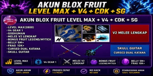 Gambar Product Akun Blox Fruits Level Max +Cdk + god human + pull lever + v4
