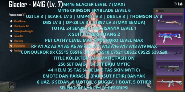 Gambar Product M416 GLACIER MAX | M416 CRIMSON LV 6 | 3 SPORTCAR | 1 GILT ABERRANT | 1 XSUIT FIORE LV 1 | CONQUEROR 9X PUBG ACCOUNT