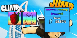 CLIMB AND JUMP TOWER - 25.50% SPEED - RAINBOW ACORN CREST BADGE/VAMPIRE FANG NECKLACE