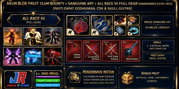 Gambar Product Blox Fruit Account 13.6m Bounty + Sanguaine Art + All Race v4 Full Gear (Awakening) (Godhuman + CDK + Skull Guitar) [Level MAX]