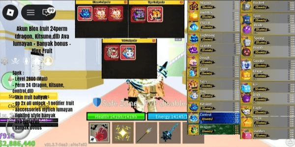 Gambar Product Akun Blox fruit 24perm (dragon, Kitsune,dll) Ava lumayan + Banyak bonus - Blox Fruit