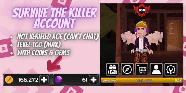 Gambar Product Account Survive The Killer | Level 100 | 166k Coins
