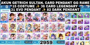 2959 - GETRICH SULTAN ACCOUNT. GG PENDANT CARD BUSY. LEGENDARY HIGH PRIEST COSTUME. LEGENDARY KAI COSTUME. LEGENDARY MOZEZ COSTUME. EVO ACOLYTE