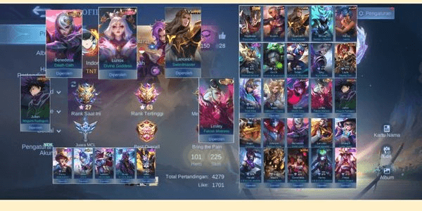 Gambar Product ML ACCOUNT SULTAN HERO 101 SKIN 225 SKIN LEGEND LUNOX LANCELOT DAWNING HERO COLLECTOR BENEDETTA LESLEY JUJUTSU KAISEN JULIAN EPIC LIMIT MANY