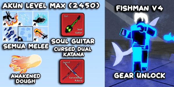 Gambar Product Bloxfruit Lv Max Account | Race Fishman v4 | Awakened Dough | GodHuman & CDK & Soul Guitar | Datpol (Not Verified)