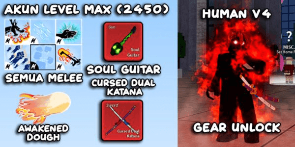 Gambar Product Bloxfruit Lv Max Account | Race Human v4 | Awakened Dough | GodHuman & CDK & Soul Guitar | Datpol (Not Verified)