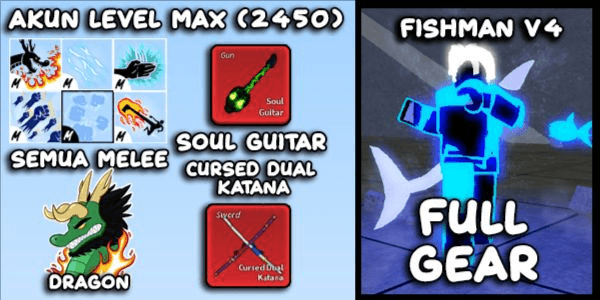 Gambar Product Bloxfruit Lv Max Account | Race Sharkmen v4 Full Gear (STAGE 5) | Dragon | GodHuman & CDK & Soul Guitar | Datpol (Not Verified)