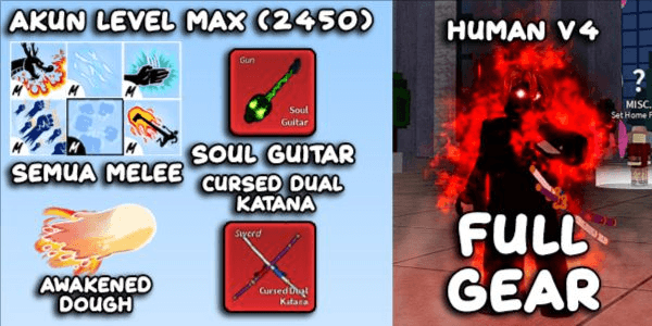 Gambar Product Bloxfruit Lv Max Account | Race Human v4 Full Gear (STAGE 5) | Awakened Dough | GodHuman & CDK & Soul Guitar | Datpol (Not Verified)