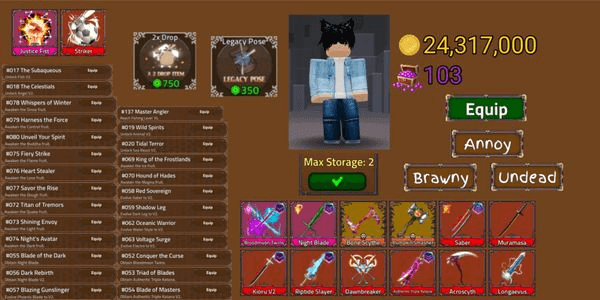 Gambar Product Akun King Legacy Max - Ber Ava - Riptide Slayer - DawnBreaker - Justice Fist - Striker - 2x Drop - Night Blade - Undead Animation - Brawny Animation