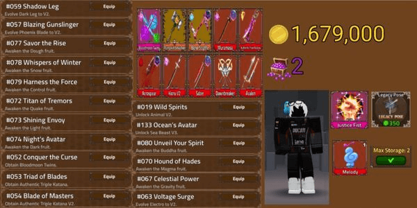 Gambar Product Akun King Legacy - DawnBreaker - Justice Fist - Legacy Pose - 1 Melody Fruit - max 2 Fruit Storage - Phoenix Blade V2 - Authentic Triple Katana V2