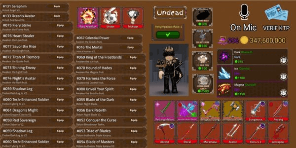 Gambar Product Akun King Legacy Max - Permanent Dark, Ice, Magma - Conqueror Ability - 2x Drop - Night Blade v2 - Coffin Boat - Saber v2 - Muramasa v2